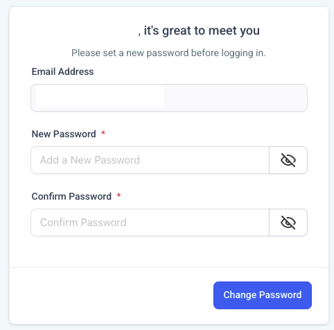 Set a new password screen shown on first login