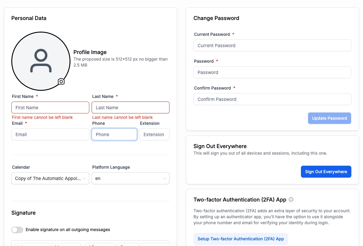 Profile settings with two factor authentication and notification number