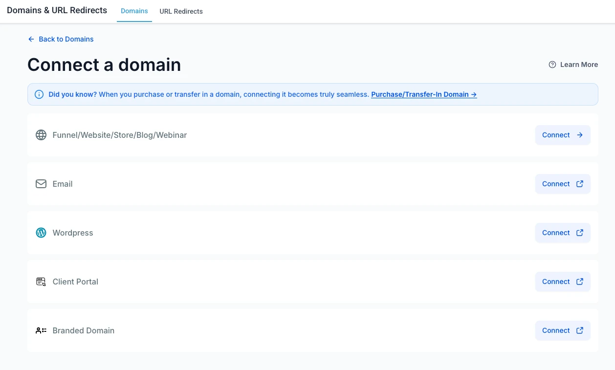 Connect a domain screen with the Funnel/Website option