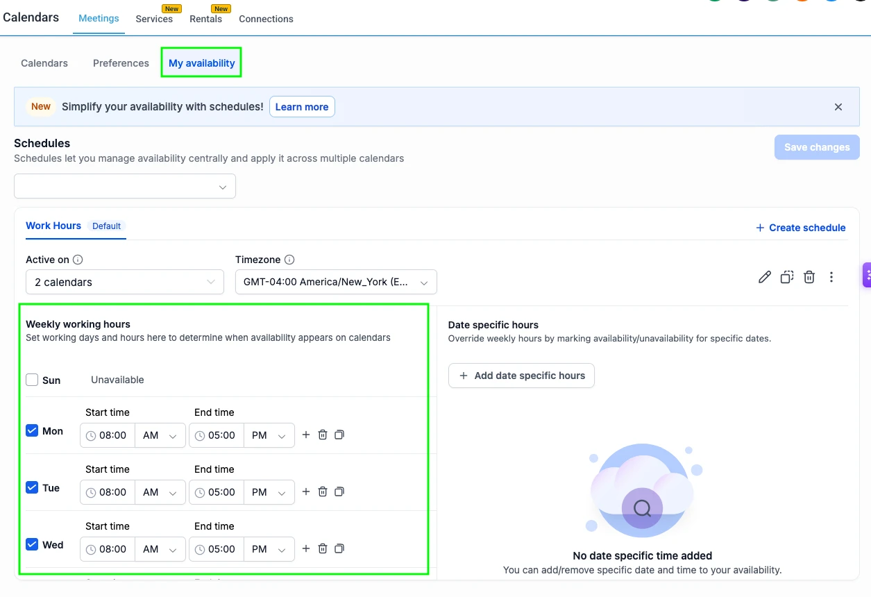 Availability configuration with working hours and buffer settings