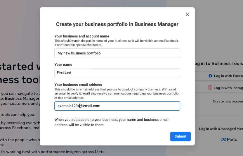 Create your business portfolio dialog with business name, your name, and business email fields