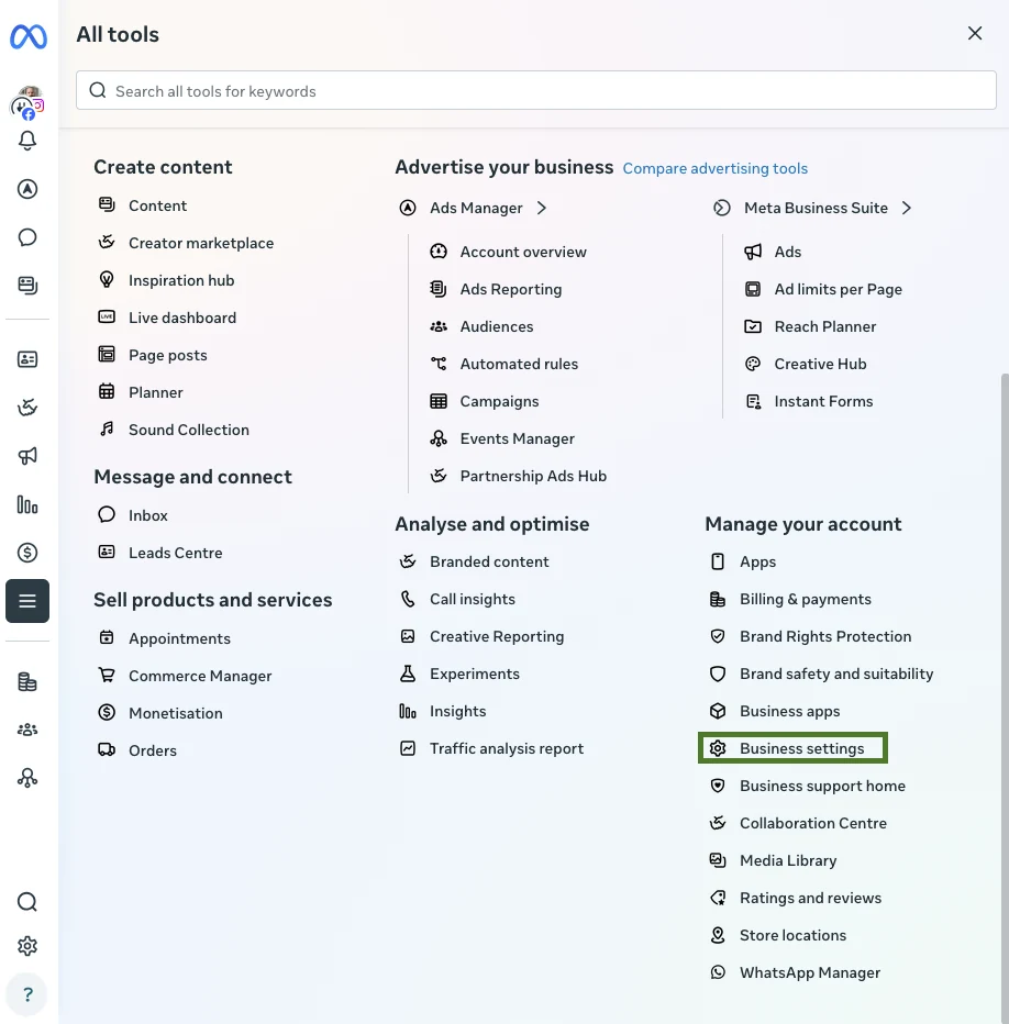 All tools panel scrolled down, Business settings listed under Manage your account