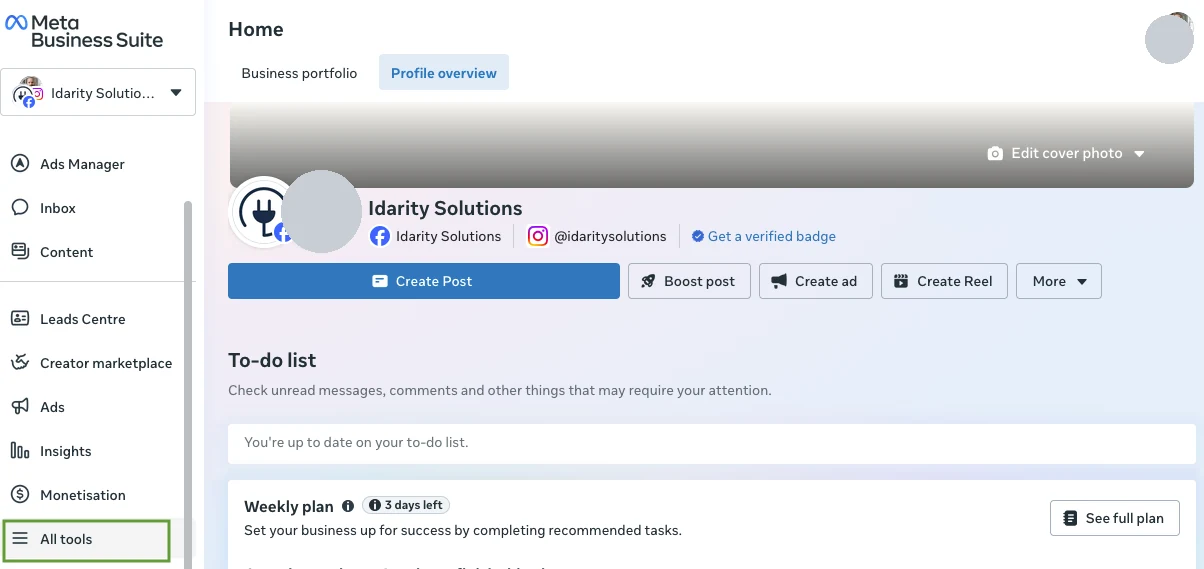 Meta Business Suite home with All tools highlighted at the bottom of the left sidebar