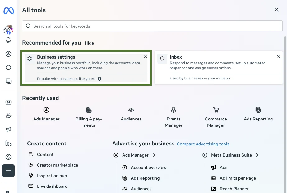 All tools panel with the Business settings card highlighted