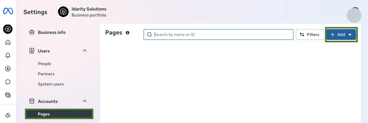 Business settings Accounts Pages screen with the Add button highlighted