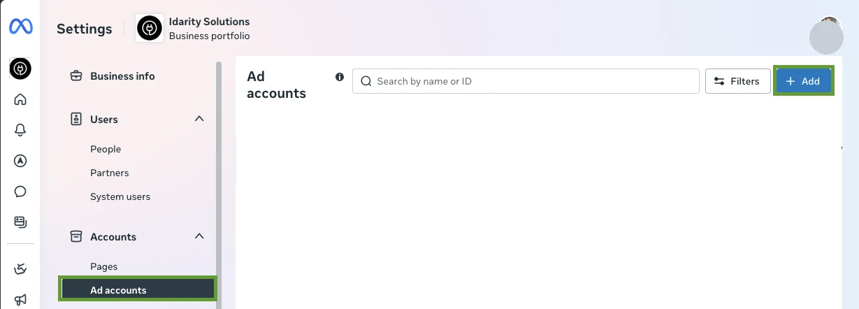 Business settings Ad accounts screen with the Add button highlighted