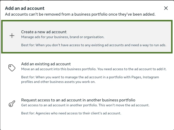Add an ad account dialog with Create a new ad account highlighted