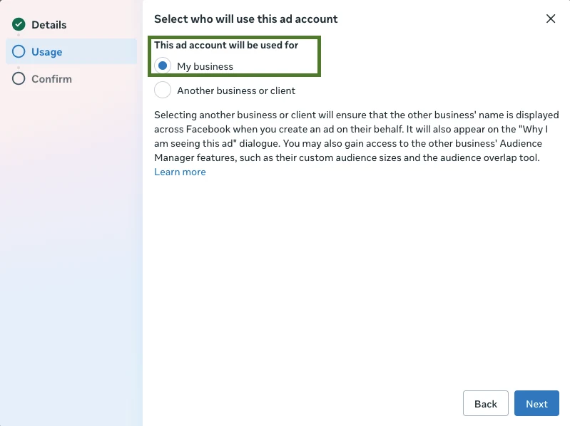 Select who will use this ad account with My business selected