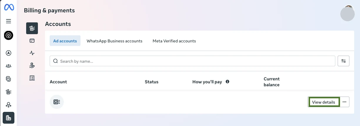 Billing accounts list with View details highlighted