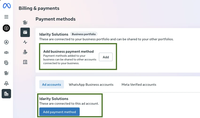 Billing and payments Payment methods screen with Add payment method highlighted