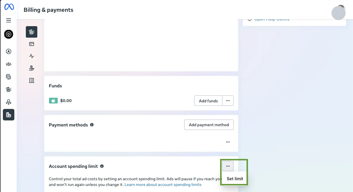 Account spending limit section with the three dot menu and Set limit option