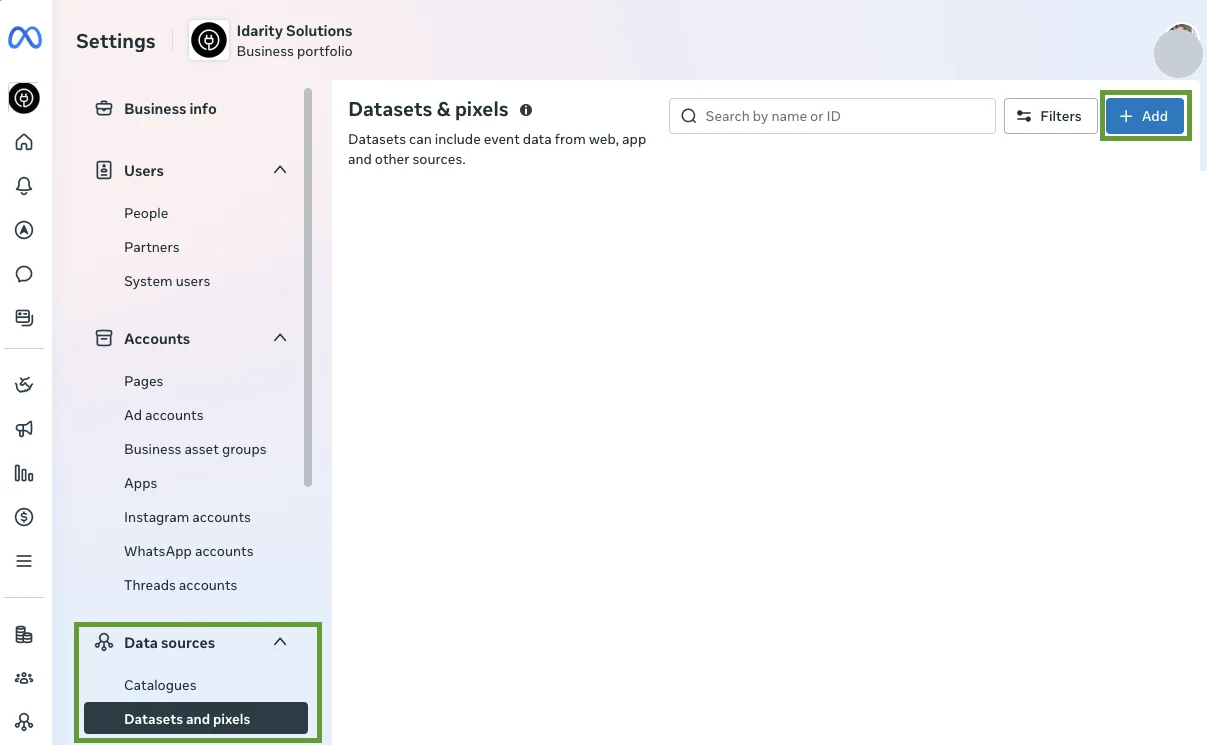 Datasets and pixels screen with the Add button highlighted