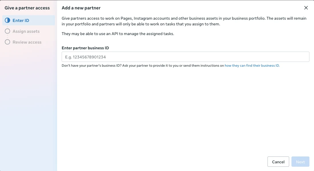 Add a new partner dialog asking for the partner business ID
