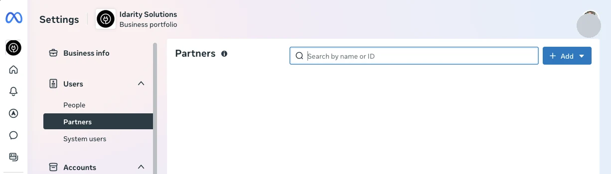 Business settings Partners screen with the Add button highlighted