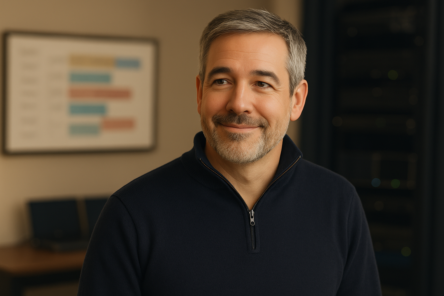 The owner of a managed IT service provider at his desk, calm and in control, while his sales pipeline fills with booked meetings.